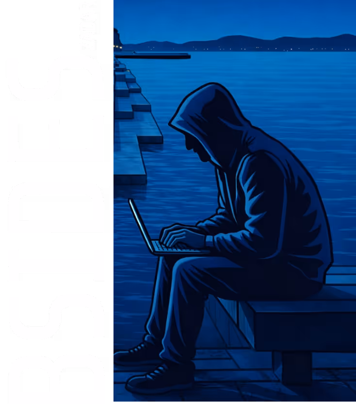 Person using a laptop on the Sea Organ steps in Zadar, Croatia at night, visual for BSides Zadar 2026