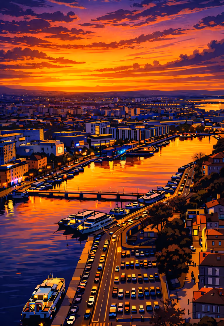 City Bridge and waterfront view in Zadar, Croatia at dusk